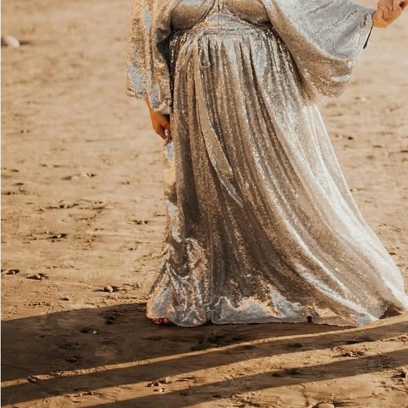 Zelie for She Silver Off-Shoulder Bishop Sleeve Gown - Picture 2 of 3